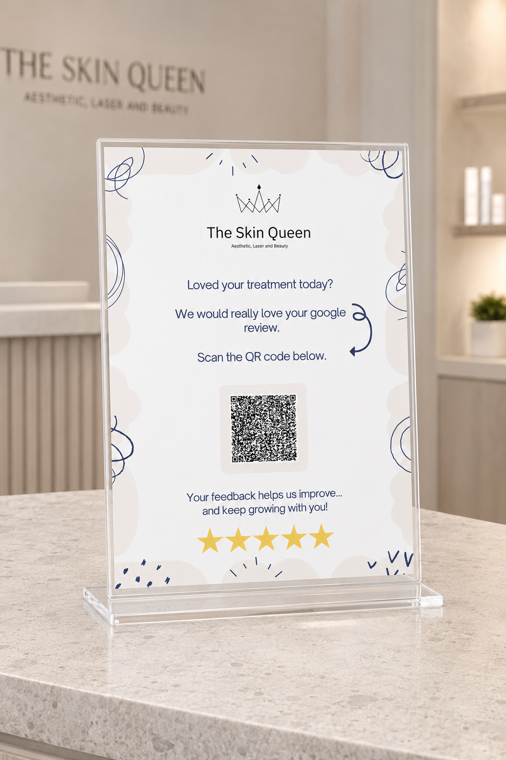 A5 acrylic tabletop QR review stand designed for The Skin Queen